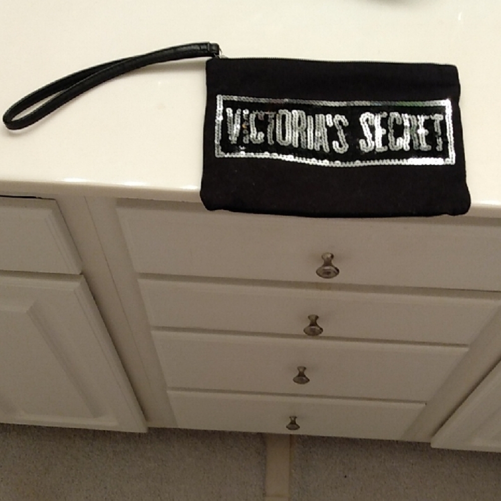 Victoria’s Secret canvas silver sequins wristlet wallet bag zip closure